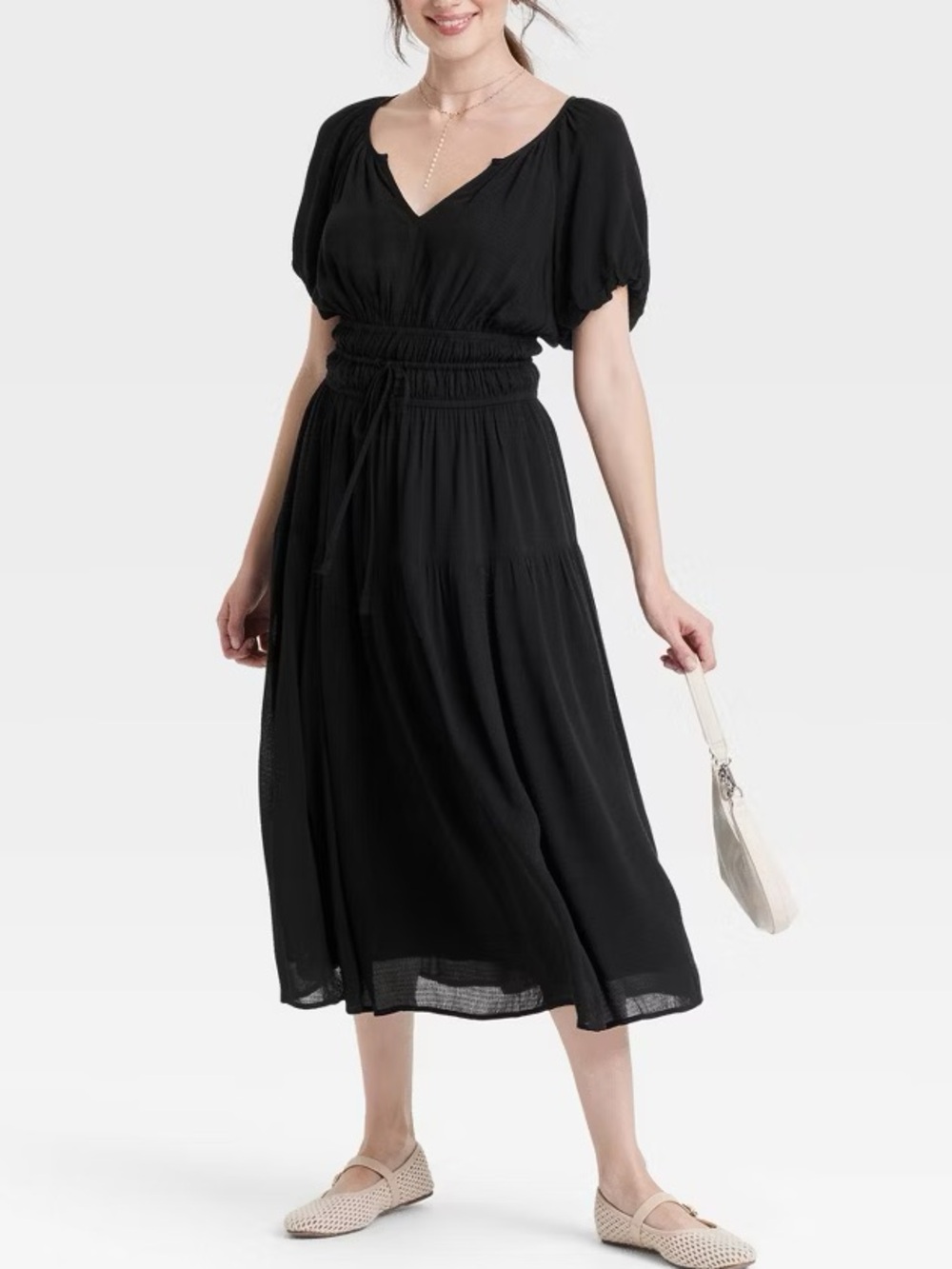Universal Thread Black V-Neck Smocked-Waist Midi Dress Size S